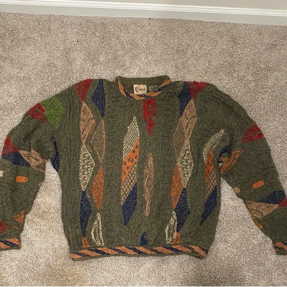 Vintage 90s COOGI Classic Sweater Sz XL Knit Olive And Tan Color Biggie Style